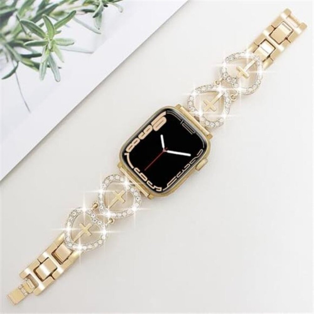 NEW Gold Bling Rhinestone Cross Heart Apple Watch Band - Picture 2 of 4